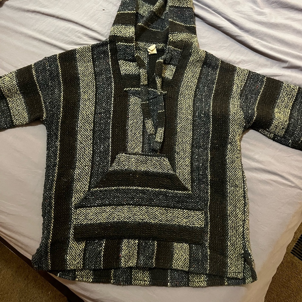Poncho Made in Mexico Unisex Black/blue/brown and Gray Striped
